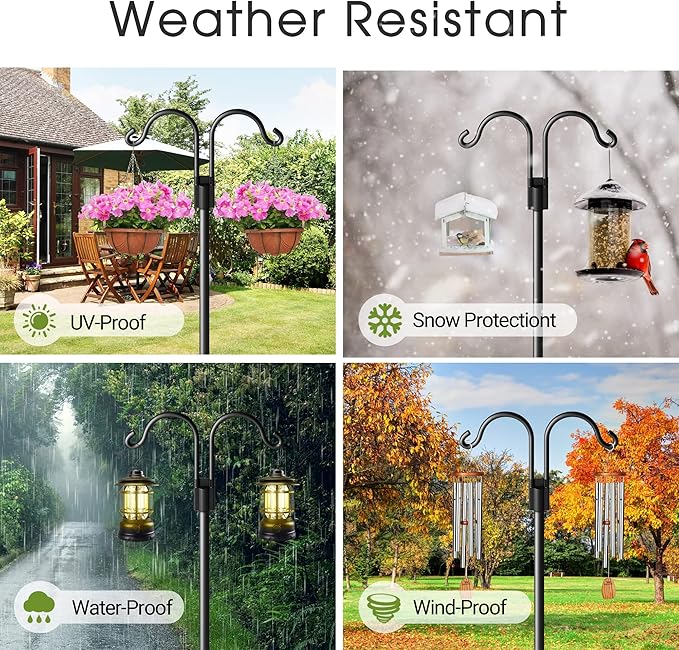 Double Shepherds Hooks for Outdoor, Heavy Duty Bird Feeder Pole with 5 Prong Base, Adjustable Shepards Hook for Outside, Garden, Weddings, Hanging Plant, 2 Pack