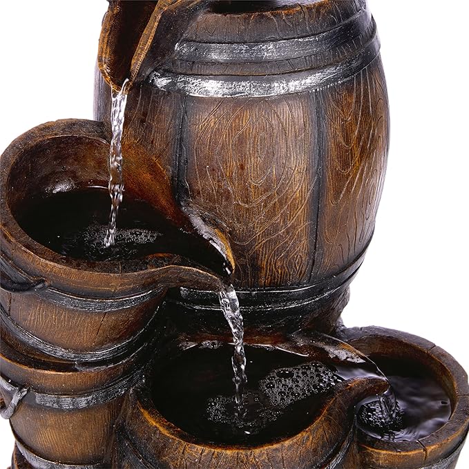 Alpine Corporation ZEN409S 24" Indoor/Outdoor Floor Tiered Barrels and Buckets Fountain, Rustic 4-Tier – Water Feature for Garden, Patio, and Home Décor, Brown