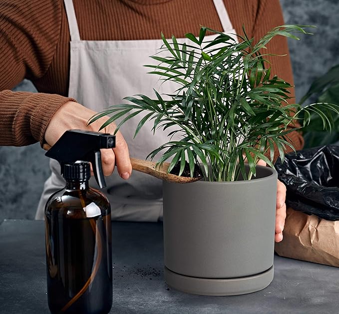 D'vine Dev 4.6 Inch & 6 Inch Ceramic Planter Pots for Plants with Drainage Hole and Saucer, Small Plant Pots Set, Speckled Grey, 94-G-S-3