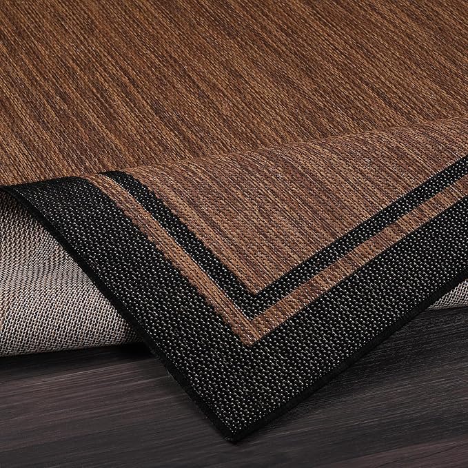 CAMILSON Indoor Outdoor Rug, 5x7 Bordered Nut Brown Black Modern Area Rugs for Indoor and Outdoor Patios, Kitchen and Hallway Mats, Washable Porch Deck Outside Carpet (Bordered Nut Brown Black, 5 x 7)