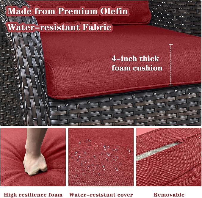 5 Piece Outdoor Patio Furniture Set - Wicker Furniture Patio Conversation Set, Outdoor Swivel Rocker Chairs with 3-Seater Sofa and 2 Ottomans for Small Space, Red Cushion