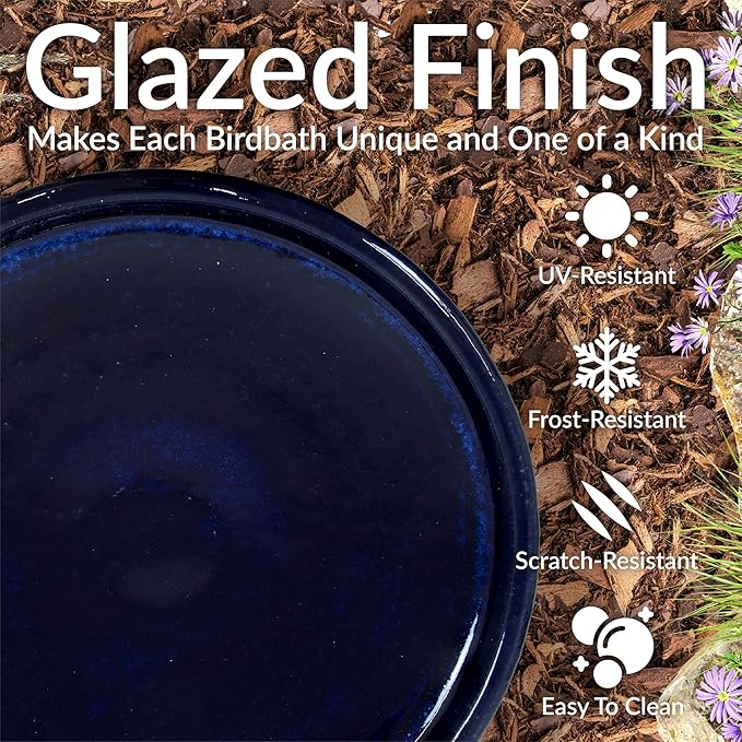 Sunnydaze 21" H Ceramic Bird Bath for Outside - Hand-Painted Outdoor Bird Bath Bowl, UV/Frost-Resistant Finish - Midnight Blue - Ribbed Pedestal