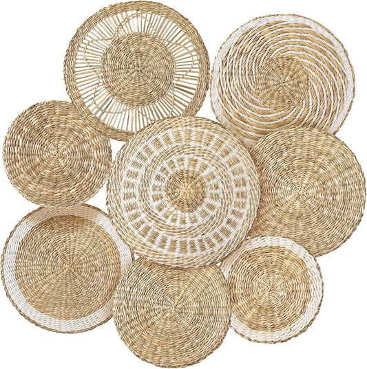 Xuhal Set of 8 Hanging Woven Wall Basket Handmade Decorative Rustic Boho Basket Decor Handcrafted Wicker Round Seagrass Wall Art for Home Kitchen Farmhouse Table Living Room