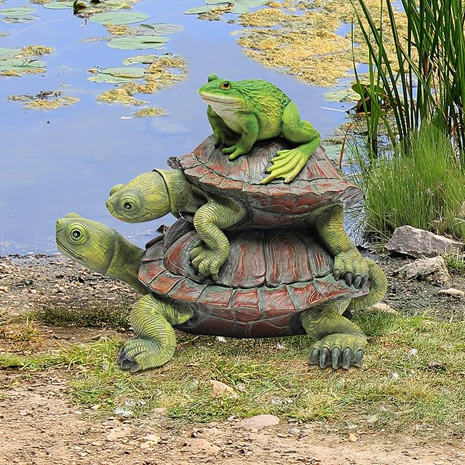 Design Toscano In Good Company Frog and Turtles Garden Animal Statue, 11 Inch Long, 8 Inch Tall, Cast Stone Resin, Full Color Finish