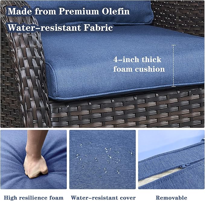 5 Piece Outdoor Patio Furniture Set - Outdoor Conversation Couch and Loveseat Glider Chair Furniture Set with Rattan Coffee Table for Deck Balcony Poolside Brown Wicker/Blue Cushions