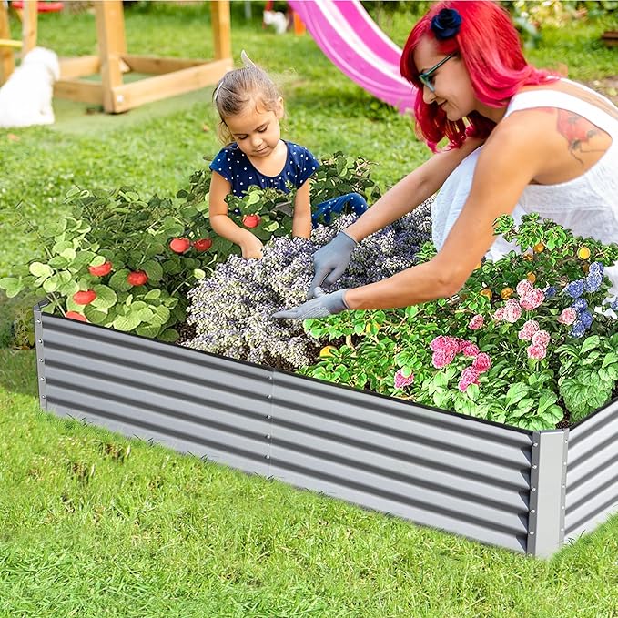 Domi Galvanized Raised Garden Bed, Outdoor Planter Garden Boxes Large Metal Planter Box for Gardening Vegetables Fruits Flowers, Silvery (8x4x1.5ft)