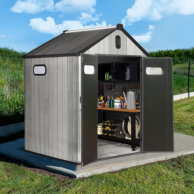 Domi 6x6 FT Outdoor Resin Storage Shed, All-Weather Double-Wall Storage Building for Backyard, Garden, Lawn Tools, Mower, Bike & Pool Equipment, Lockable Doors, Ventilated Roof, Grey