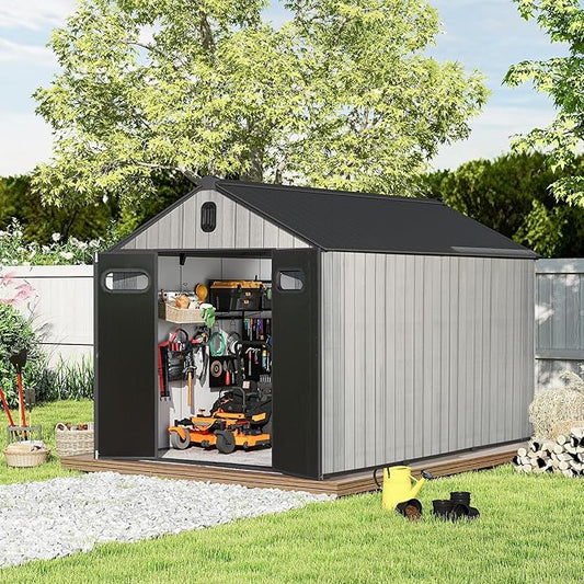 Domi 8x12 FT Outdoor Resin Storage Shed, All-Weather Double-Wall Storage Building for Backyard, Garden, Lawn Tools, Mower, Bike & Pool Equipment, Lockable Doors, Ventilated Roof, Grey