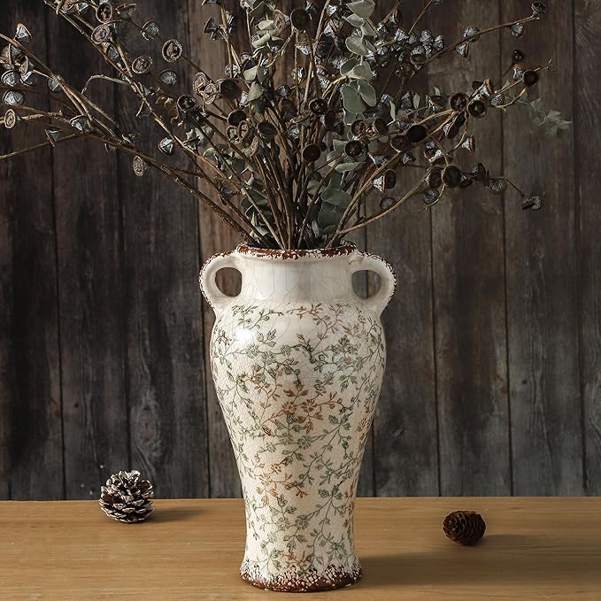 Enra Farmhouse Vintage vase with Handle,12.6 in Ceramic Chinoiserie Floral Vase,Green and Beige Decorative Flower vase,Large Rustic Vases for Home Decors, Living Room, Bookshelf, Office