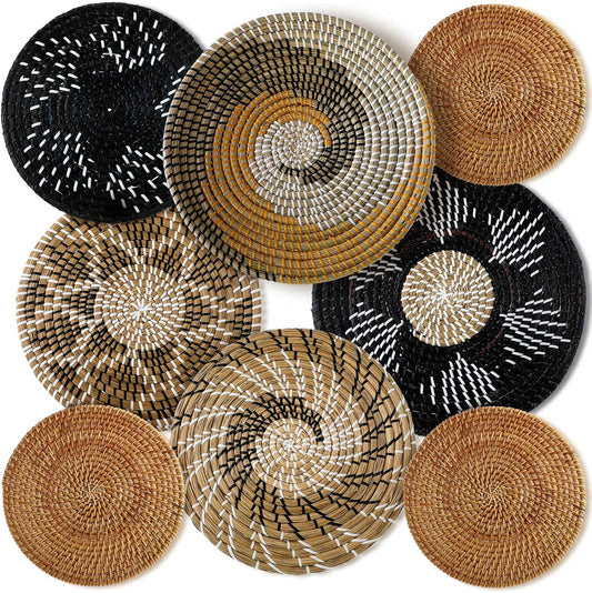 Xuhal Set of 8 Hanging Woven Wall Basket Handmade Decorative Rustic Boho Basket Decor Handcrafted Wicker Round Seagrass Wall Art for Home Kitchen Farmhouse Table Living Room(Vintage)