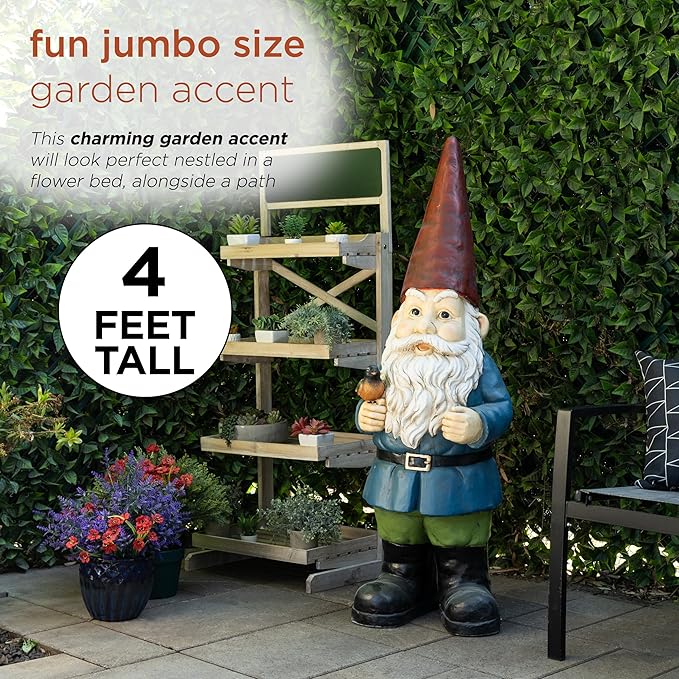 Alpine Corporation ZKD100 Jumbo Size Gnome with Bird Decor, Whimsical Gnome Statue for Patio & Garden, 48" H, Multicolor