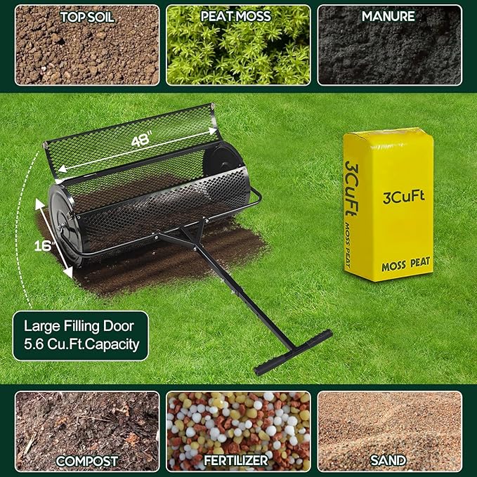 Compost and Peat Moss Spreader with Updated 2 in 1 ATV & T Shaped Handle, 16”WX48”L, Lawn and Garden Peat Moss Roller w/Laser Cutting Wire Mesh Baskets for Spreading Manure, Topsoil
