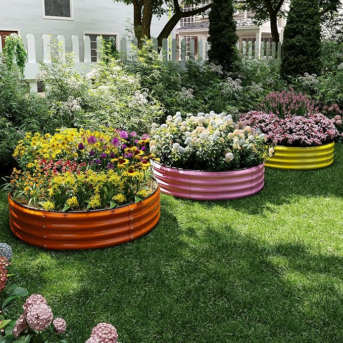 Galvanized Metal Planter Round Raised Garden Bed Kit for Gardening Outdoor，2x2x1ft Grow Garden Box Raised Flower Bed，Round Galvanized Planter Outdoor Metal Fire Pit Ring