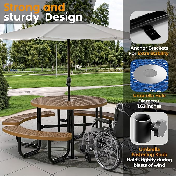 Metal Picnic Tables for Outdoors with Umbrella Hole - Coated Steel Heavy Duty Commercial Grade Table with Adjustable Seats (Brown, 46 in, Round, Expanded Steel)