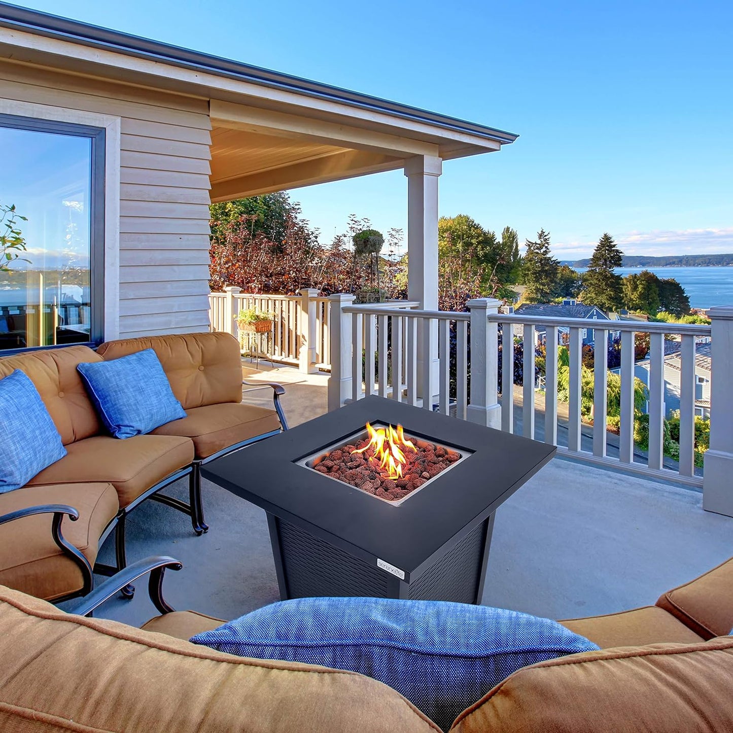 SereneLife 28" Propane Gas Fire Pit Table - 40,000 BTU Outdoor Fireplace with Cover, Stainless Steel Burner & Control Panel, Adjustable Flame, Weather Resistant, Easy Assembly, Outdoor Décor