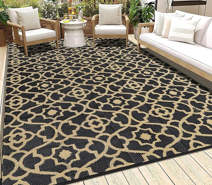 HEBE Outdoor Rug Waterproof 8x10, Reversible Plastic Straw Rug RV Camping Rug, Indoor Outdoor Patio Mat Clearance, Outside Carpet for Porch,Deck,Camper,Balcony,Backyard,Picnic