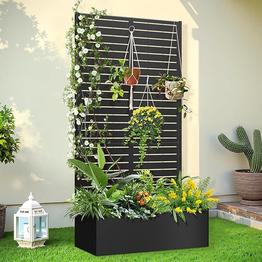 Trellis for Climbing Plants Outdoor，Mental Garden Bed with Drainage Holes Outdoor Privacy Screen Design Tall planters for herb Flower Vegetables 73"x35"x16", Black-Louvered