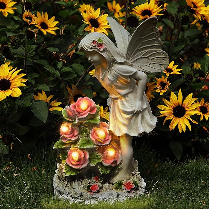 Garden Figurines Angel Garden Statue Outdoor Decor, Solar Powered Resin Sculpture with 5 LEDs Art Decoration for Patio Lawn Yard Porch, Ornament Housewarming Garden Gift, 12.8 x 7.5 x 6.1 Inch