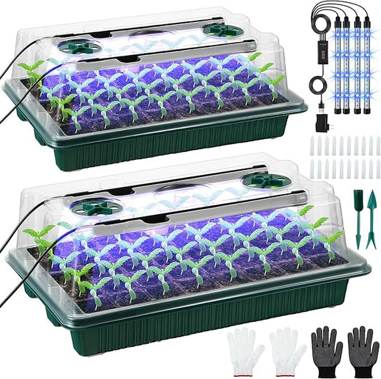 2 Pack Seed Starter Tray with Grow Light High Dome Seed Germination Kit 80 Cells with 4 LED Grow Lights Seedling Starter Kit with Smart Timer and 3 Modes for Home Gardeners, Indoor Greenhouse