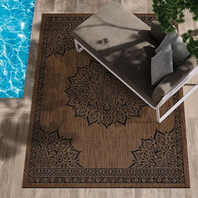CAMILSON Outdoor Rug, 9x12 Medallion Nut Brown Black Modern Area Rugs for Large Indoor and Outdoor Patios, Kitchen and Hallway Mats, Washable Porch Deck Outside Carpet (Nut Brown Black, 9 x 12)