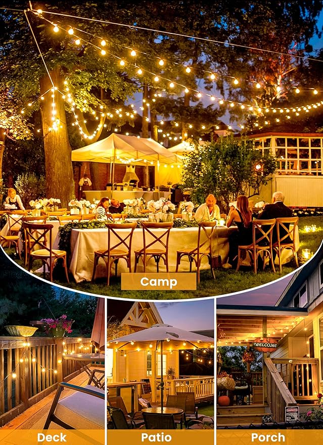 Outdoor String Lights 25 Feet G40 Globe LED Patio Lights with 13 Edison Plastic Bulbs(1 Spare), Waterproof Connectable Hanging Lights for Backyard Porch Balcony Party Decor, E12 Socket Base, Black