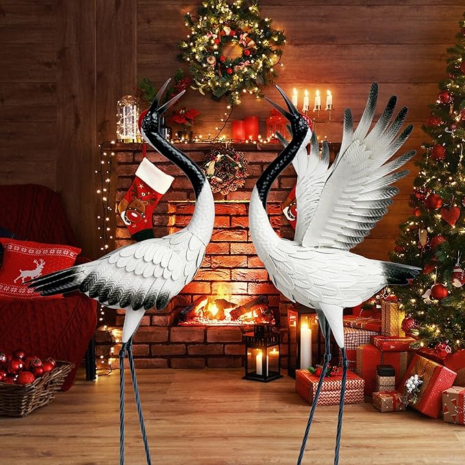 chisheen Crane Garden Statues Outdoor Metal Heron Yard Art Crane for Garden Sculptures Patio Lawn Ornaments,Set of 2
