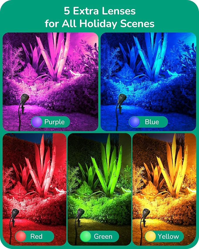 EDISHINE 120V LED Outdoor Spotlight, 5 Extra Lenses (RGB Purple Blue), 4.8W 5000K Plug in Spotlight Outdoor, Waterproof Landscape Light for Yard, Holiday Tree Flag Light, UL Listed