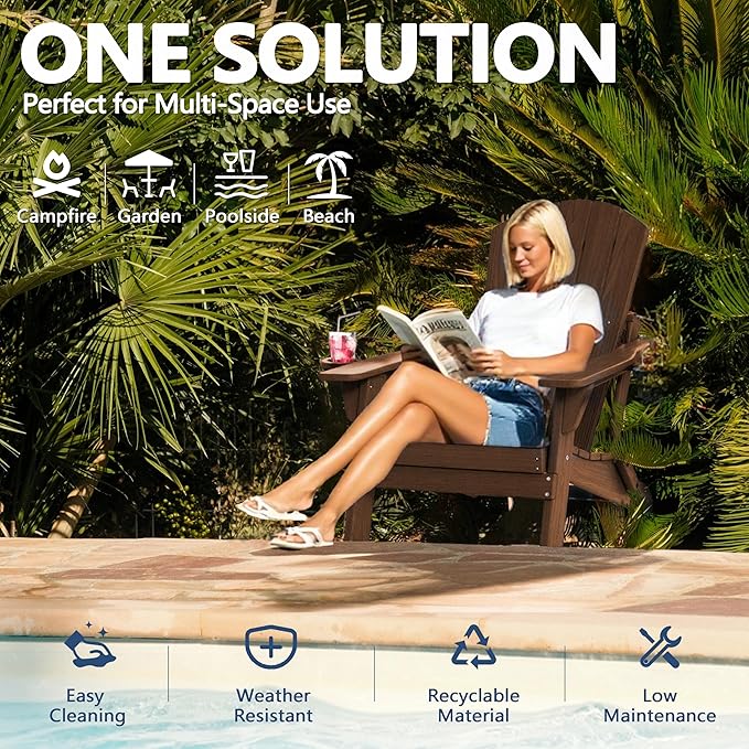 Folding Adirondack Chair with Cup Holder, HDPE All Weather Resistant Plastic Outdoor Patio Chairs, Heavy Duty Fire Pit Seating for Backyard Lawn Garden, Wooden Textured Design(Coffee)