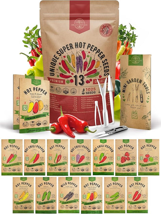 Organo Republic 13 Unique Super Hot Pepper Seeds Variety Pack - 1,020+ Non-GMO Heirloom Pepper Seeds for Outdoor and Indoor Home Gardening, Including Pepper Caloro, Firecracker, Habanero, Fresno Chili