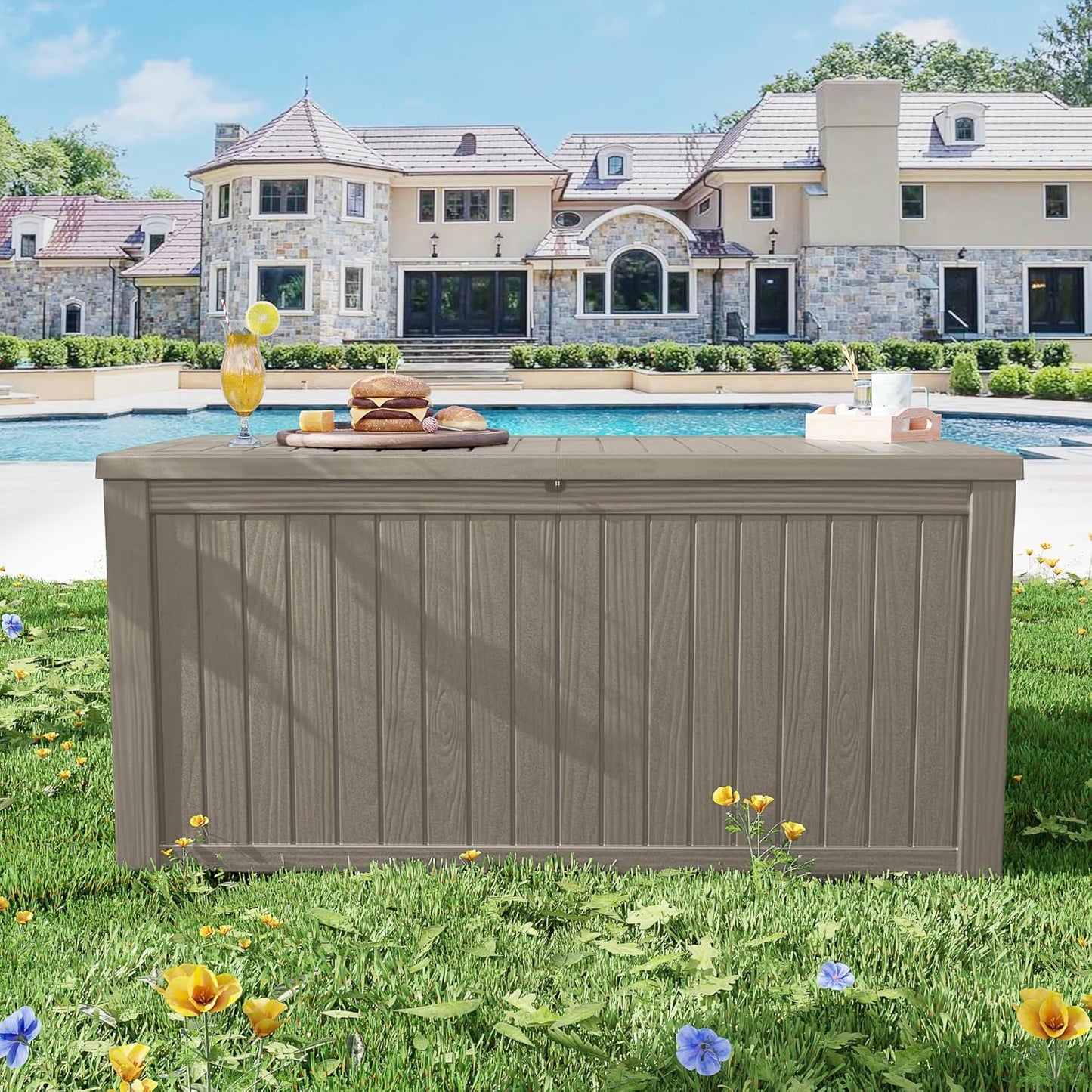 200 Gallon Coffee Resin Deck Box - Rustic Wood-Look, Waterproof & Lockable Outdoor Storage for Garden Tools, Patio Essentials - All-Weather Container for Farmhouse Decks, Backyards