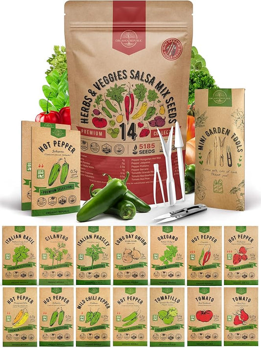 Organo Republic 14 Herbs & Veggies Salsa Mix Seeds Variety Pack - 5,180+ Non GMO Heirloom Herb, Tomato & Chili Pepper Seeds for Planting Outdoor & Indoor Home Gardening: Basil, Cilantro Onion, Peppers