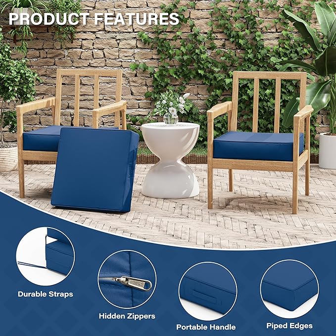 Patio Chair Cushions 19 X 19 X 4 Inch Waterproof Outdoor Seat Cushions for Patio Furniture, Outdoor Sofa Couch Pads with Ties & Handle, Set of 2, Blue