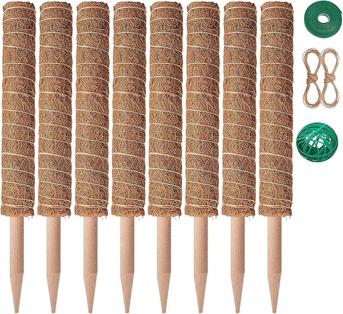 8 Pcs Moss Pole for Plants Monstera, Plant Support Stakes for Indoor Climbing Plants Grow Upwards, with 65ft Twist Ties, 13ft Jute Rope, 6.5ft Hook-and-Loop Strip