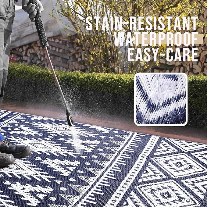 OLANLY Outdoor Rug Waterproof 9x18 ft, Reversible Outdoor Plastic Straw Rug, Boho Patio Rug, Indoor Outdoor Carpet, RV Mat Outside for Patio, Camp, Picnic, Balcony, Deck, Backyard, Navy & White