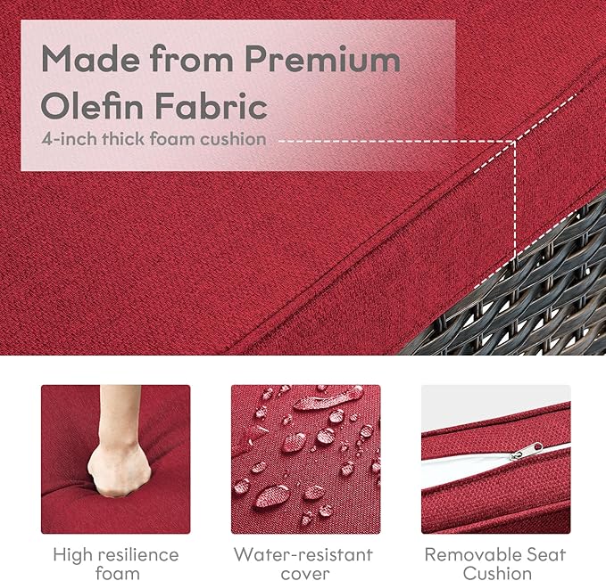 5 Piece Outdoor Patio Furniture Set - Wicker Furniture Patio Conversation Set, Outdoor Swivel Rocker Chairs with 3-Seater Sofa and 2 Ottomans for Small Space, Red Cushion