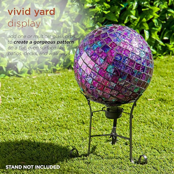 Alpine Corporation 10" Diameter Indoor/Outdoor Glass Mosaic Gazing Globe Yard Decoration, Purple Embossed Tile