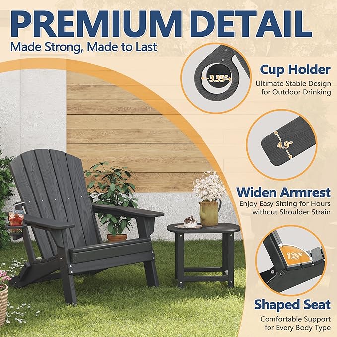 Folding Adirondack Chair Set of 2 with Cup Holder, HDPE All Weather Resistant Plastic Outdoor Patio Chairs, Heavy Duty Fire Pit Seating for Backyard Lawn Garden, Wooden Textured Design(Gray)