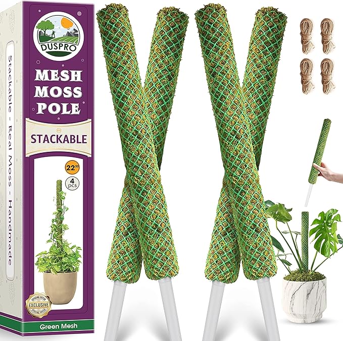 Duspro Green Stackable Mesh Moss Pole for Plants Climbing Vine Supporting Monstera Trellis, for Indoor Plants Extendable Plant Pole Moss Sticks, for Potted Plant Stakes 4Pack 71''