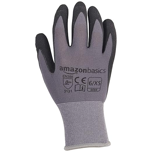 Amazon Basics Micro-Foam Nitrile Coated Work Gloves, Nylon Liner Fiber, Touch Screen, Grey, Size 6/XS, 12-Pair