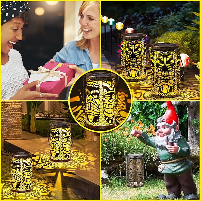 2 Pack Tiki Solar Lanterns Tiki Bar Light Decor Outdoor Waterproof Gifts for Women Men Hanging Lantern Metal Hollowed Out Decor for Summer Garden Patio Lawn Porch Festival Party