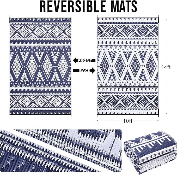 OLANLY Outdoor Rug Waterproof 10x14 ft, Reversible Outdoor Plastic Straw Rug, Boho Patio Rug, Indoor Outdoor Carpet, RV Mat Outside for Patio, Camp, Picnic, Balcony, Deck, Backyard, Navy & White
