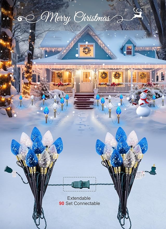 Brightown 2 Pack Strawberry C9 Pathway Lights Outdoor - Total 34.8 Feet 20 LED C9 Walkway Lights, Christmas Outside Decorations for Lawn Holiday, Blue & Pure White