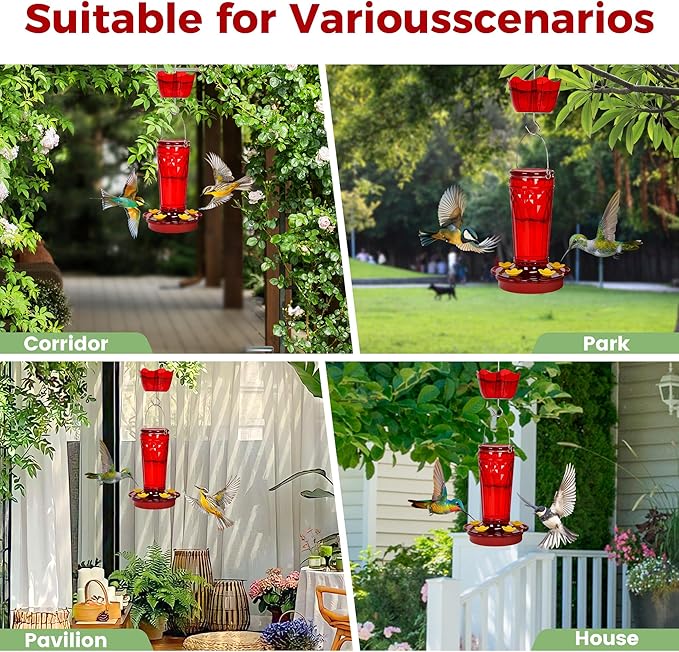 Hummingbird Feeder 2pack-14Ounces，5 Feeding Ports Glass Hummingbird feeders for Outdoors,Wide Mouth for Easy Filling/Cleaning，Hanging for Garden Backyard Decor, Includes Ant Moat (Red)