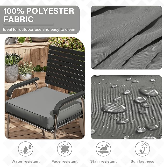 Patio Chair Cushions 19 X 19 X 4 Inch Waterproof Outdoor Seat Cushions for Patio Furniture, Outdoor Sofa Couch Pads with Ties & Handle, Set of 2, Light Grey