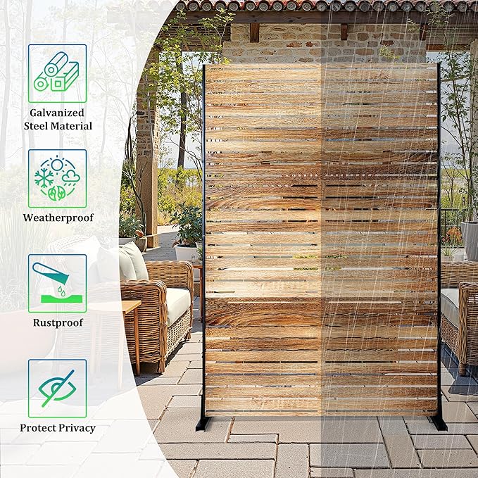 FENCY Outdoor Privacy Screen, 72" H×47" W Metal Patio Privacy Screen, Freestanding Decorative for Deck Balcony Patio Natural Wood Color