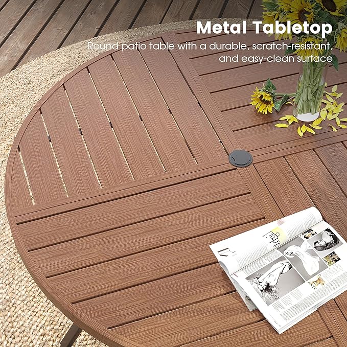 DIFY 40.6" Round Outdoor Patio Dining Table for 4, All-Weather Metal Steel Slatted Patio Table with 1.57" Adjustable Umbrella Hole, for Lawn Garden Porch Backyard, Walnut