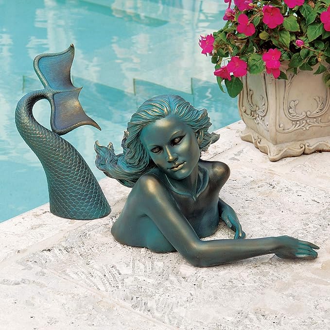 Design Toscano Meara the Mermaid Swimmer Indoor/Outdoor Garden Statue for Patio, Pool or Lawn, 16 Inches Wide, 7 Inches Deep, 7 Inches High, Handcast Polyresin, Green Verdigris Finish