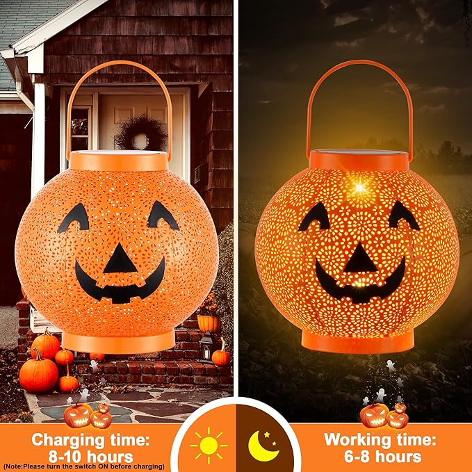 Halloween Decoration Hanging Solar Lantern Outdoor - Solar Powered Pumpkin Led Jack-O Lights, Waterproof Halloween Decor Metal Round Lantern for Yard, Patio, Pathway, Porch, Lawn, Garden, Outside