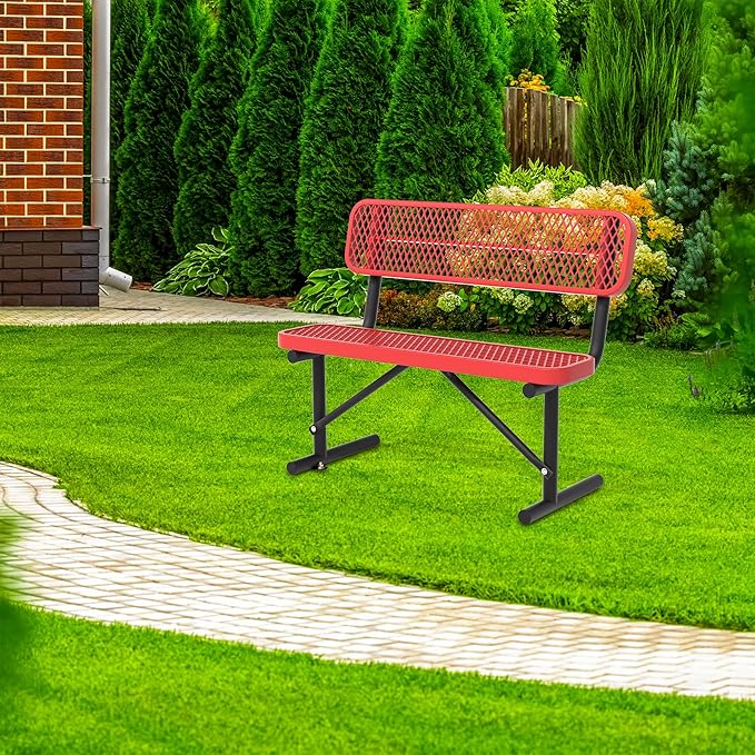 4/6/8 Feet Park Bench for Outside Heavy Duty Metal, Garden Benches Outdoor Bench with Backrest & Portable Frame, for Shopping Malls Stores Parks Patios Decks, Red