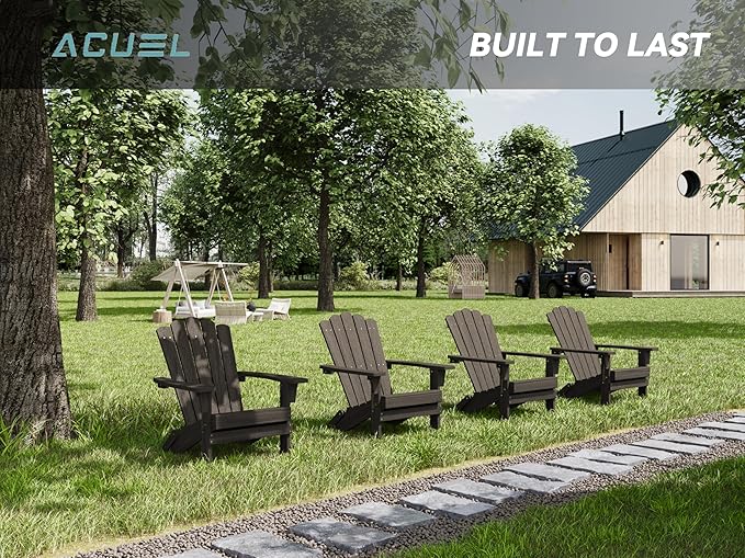 Folding HDPE Adirondack Chair Set of 2, Weather-Resistant Patio Chair with Wide Armrests & High Backrest, Fire Pit Chair for Garden, Backyard, Porch - Dark Brown